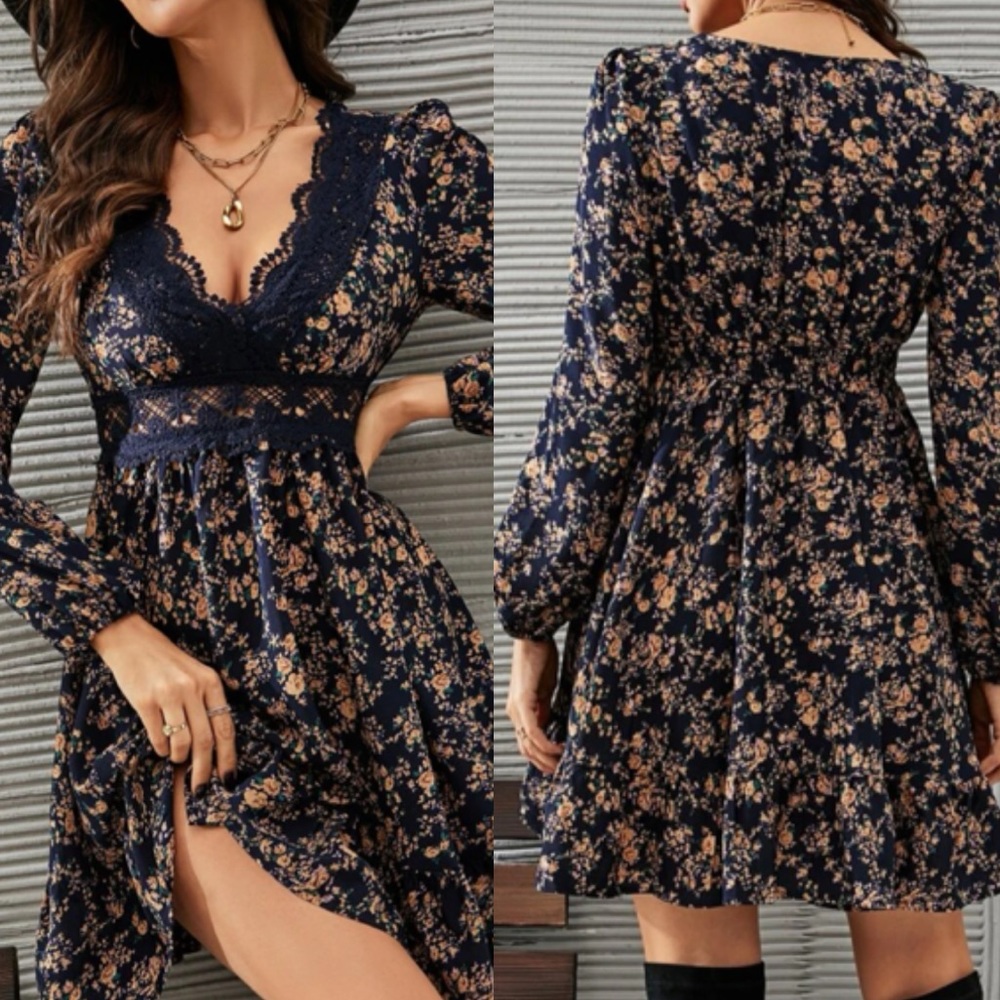 Boho floral print lace insert dress